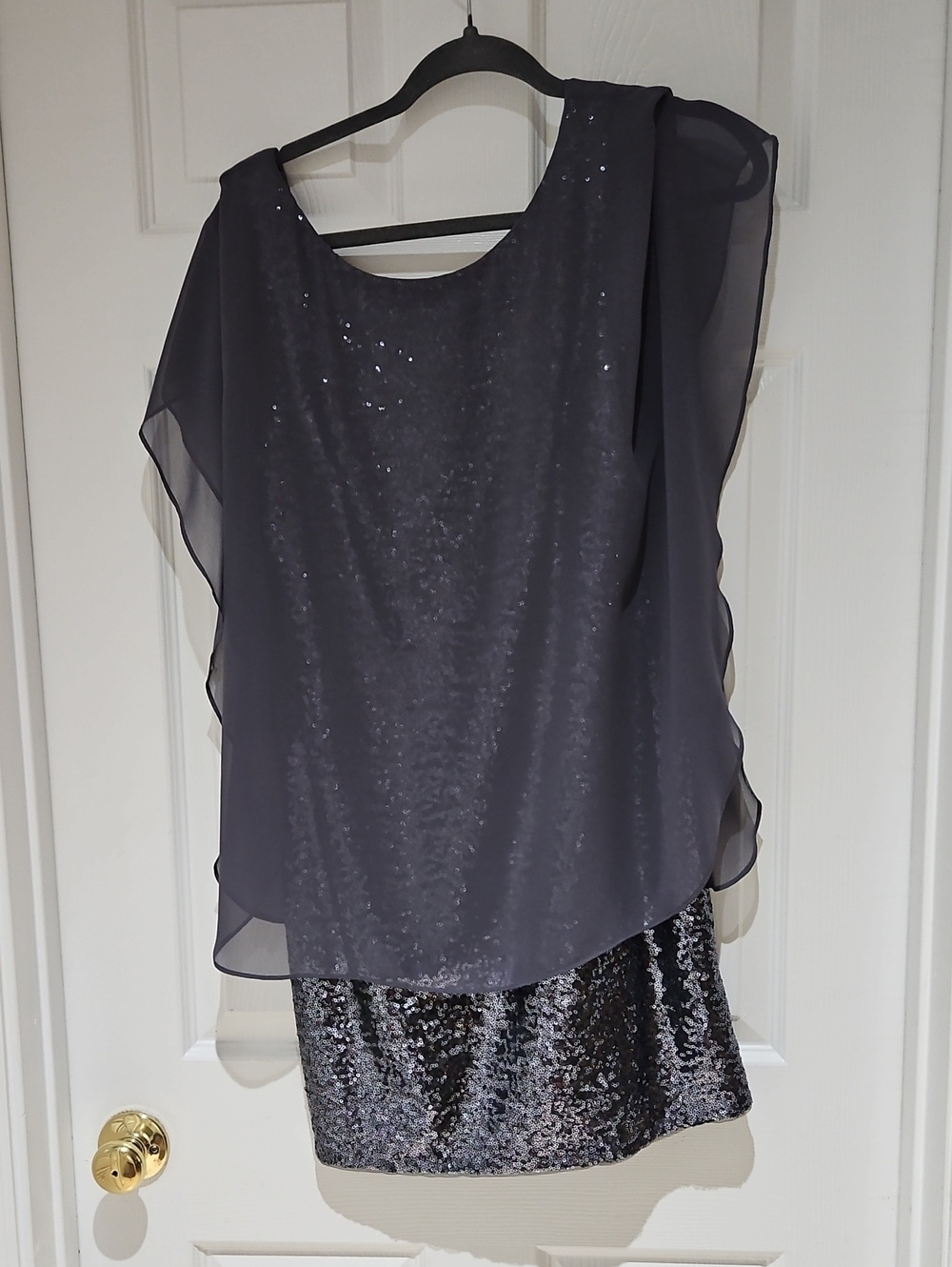 Betsy & Adam Black Sequin Mini Dress with Sheer Overlay